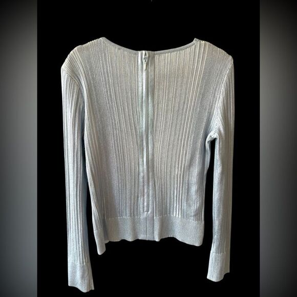 Herve Leger Metallic Ribbed Knit Long Sleeve Top XL – Silver Blue - Picture 2 of 6
